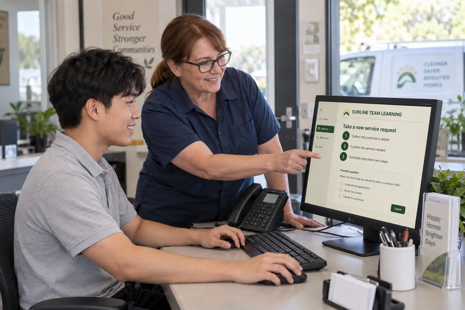 Illustrative scene: an employee and supervisor using a training lesson