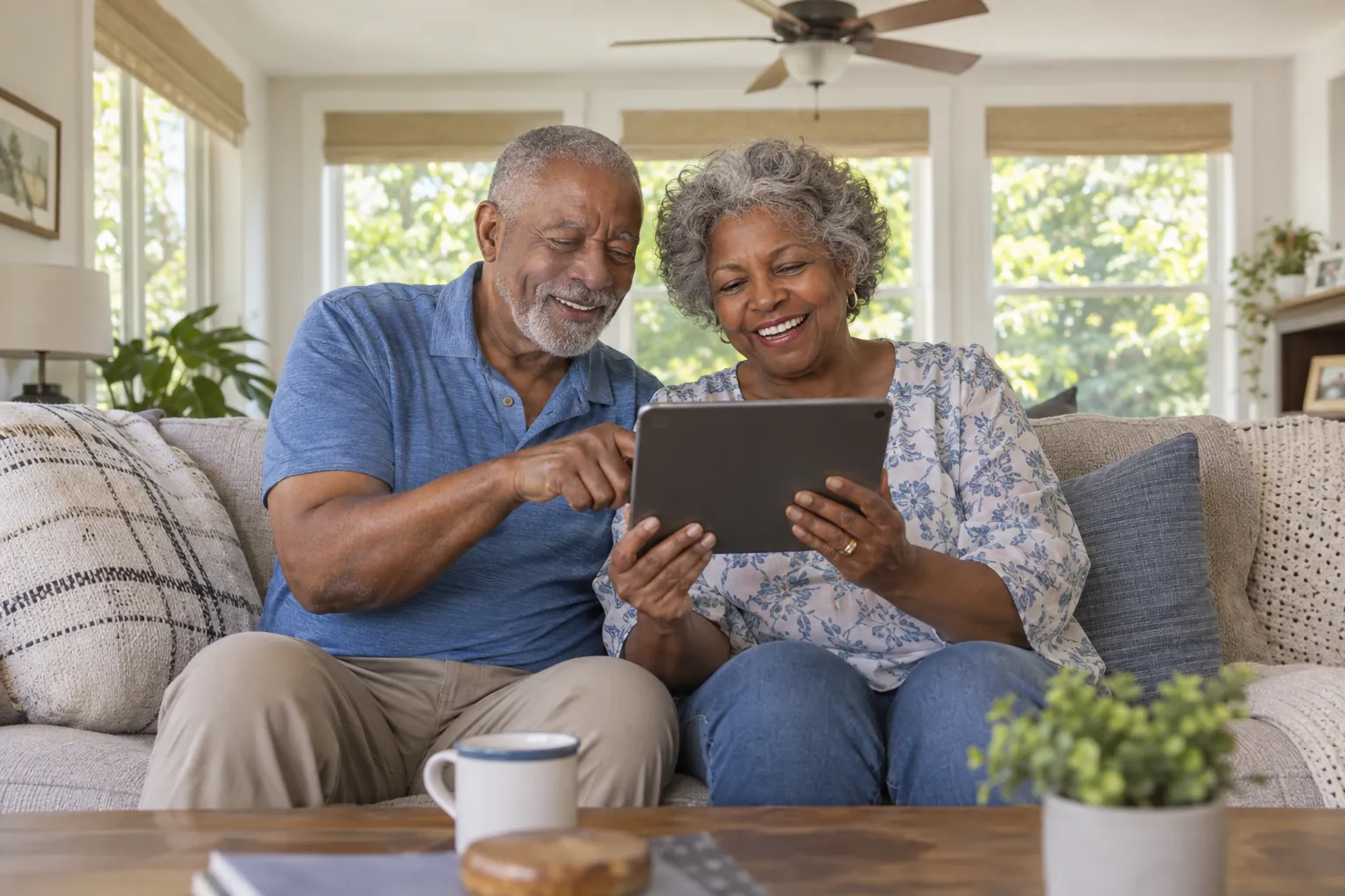 Illustrative scene: a retired couple using a home-service website