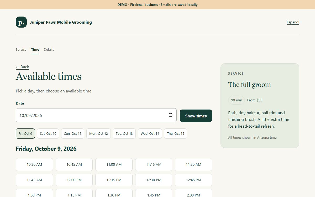 PickBits Booking showing open appointment times for a mobile dog groomer