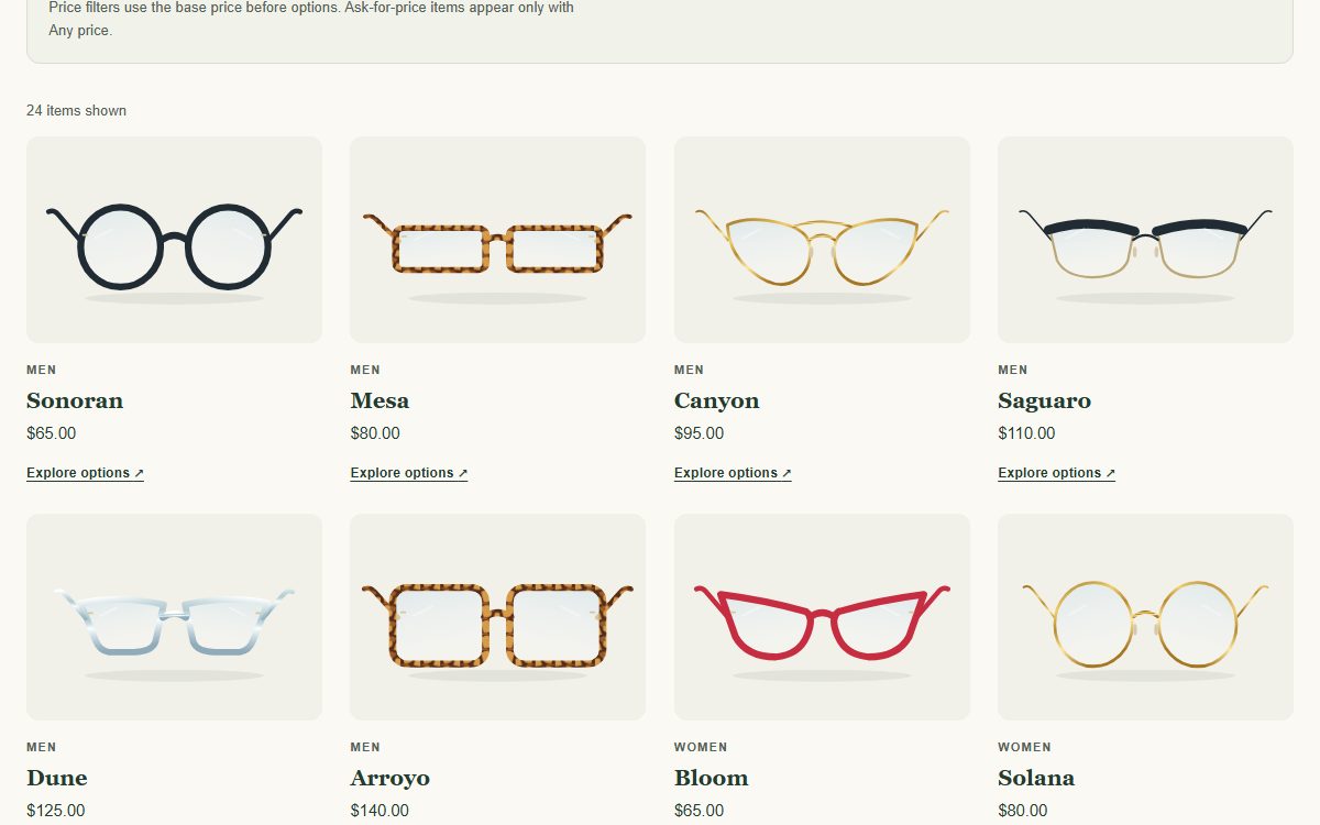 PickBits Catalog Site showing an optical shop's frame collection with category and price filters