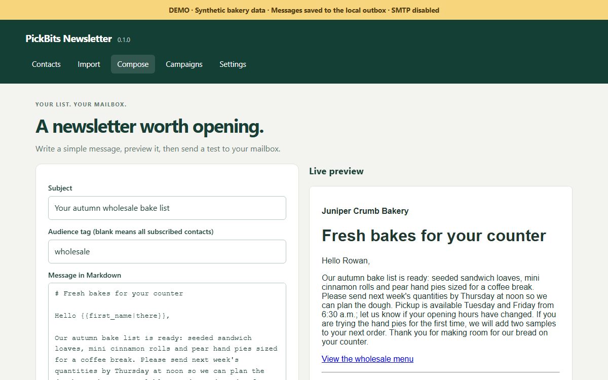 PickBits Newsletter composing a bakery's newsletter with a live preview