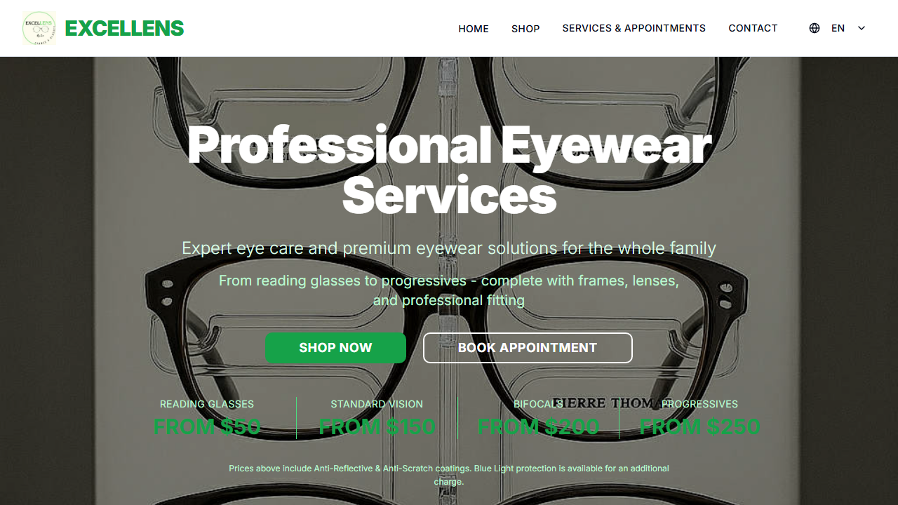 Excellens.us — bilingual eyewear retail SaaS, built by PickBits