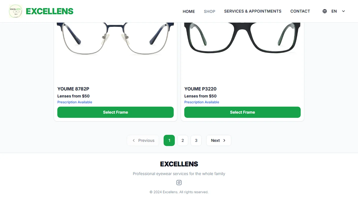 Excellens — the bilingual frame catalog, with prescription options and per-frame pricing