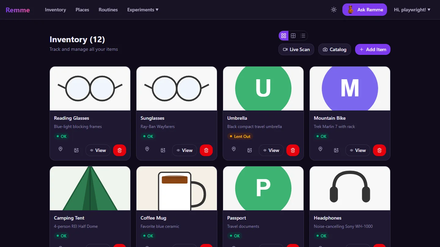 Remme — the tracked-item inventory, each item tied to a place and a status