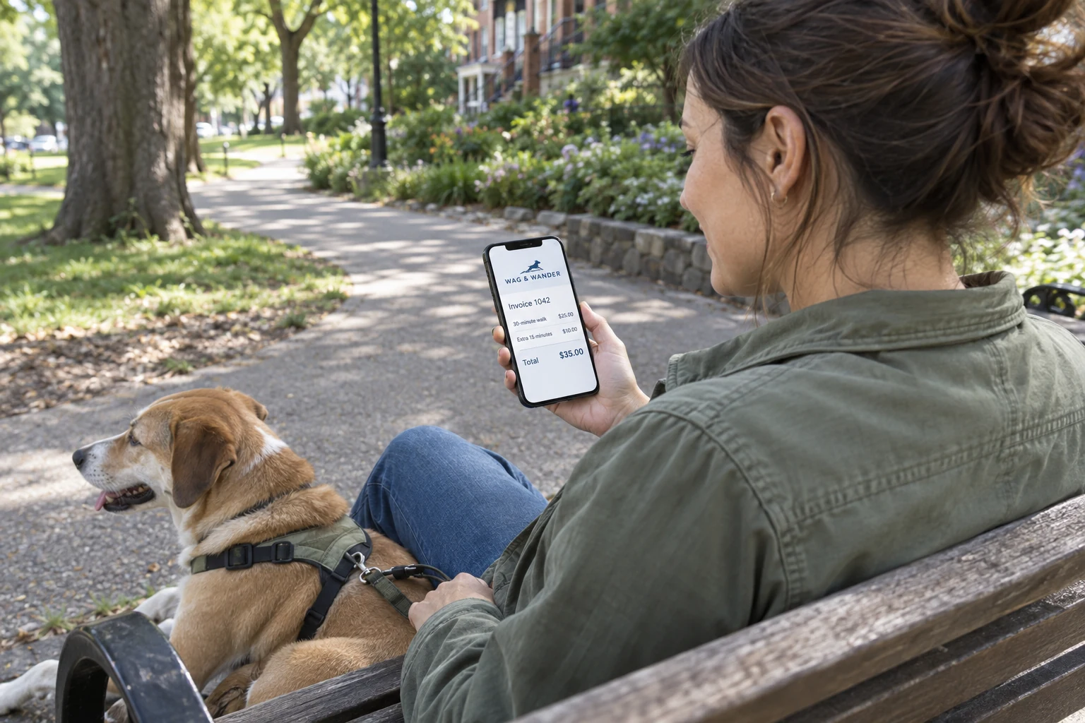 Illustrative scene: a dog walker reviewing an invoice after a walk