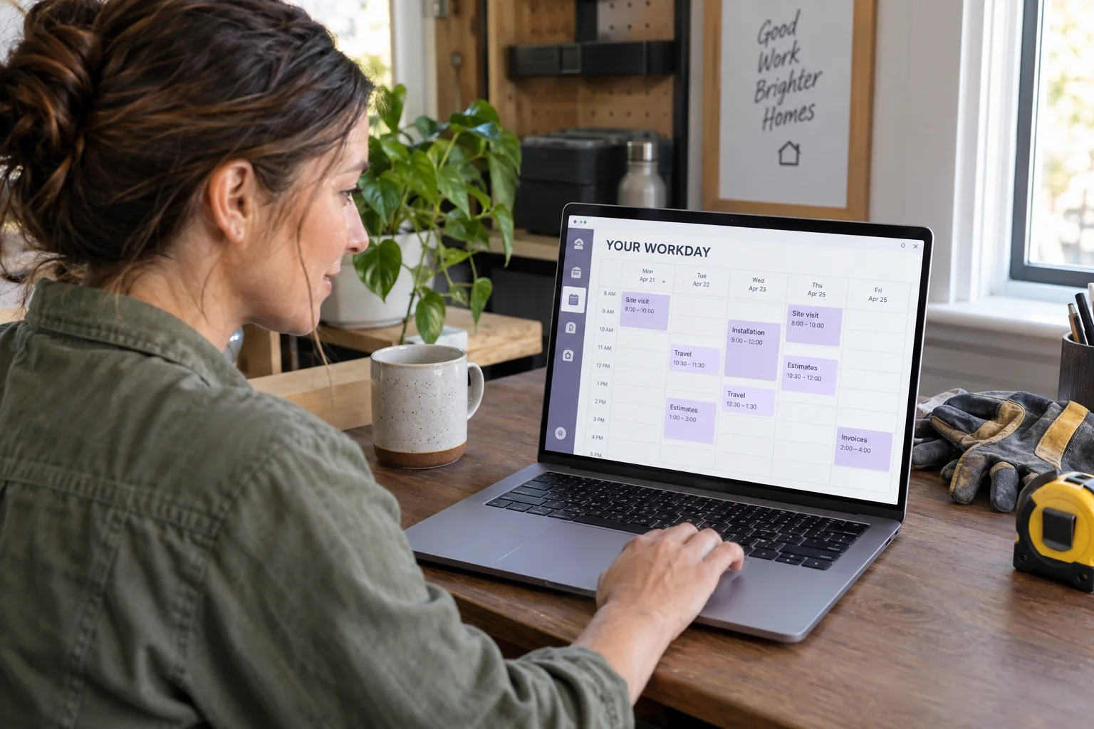 Illustrative scene: a service manager organizing a work calendar