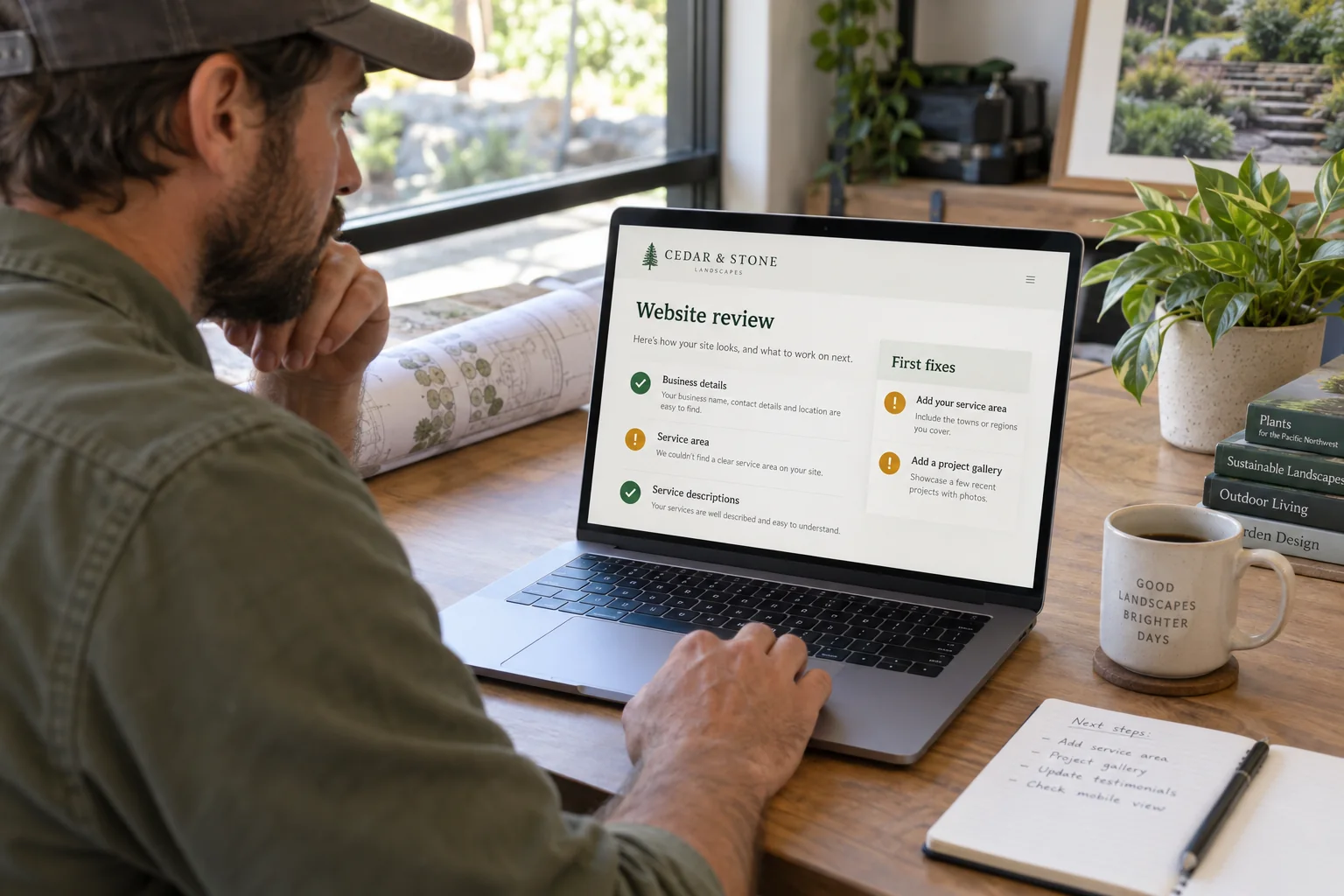 Illustrative scene: a landscaping owner reviewing website findings