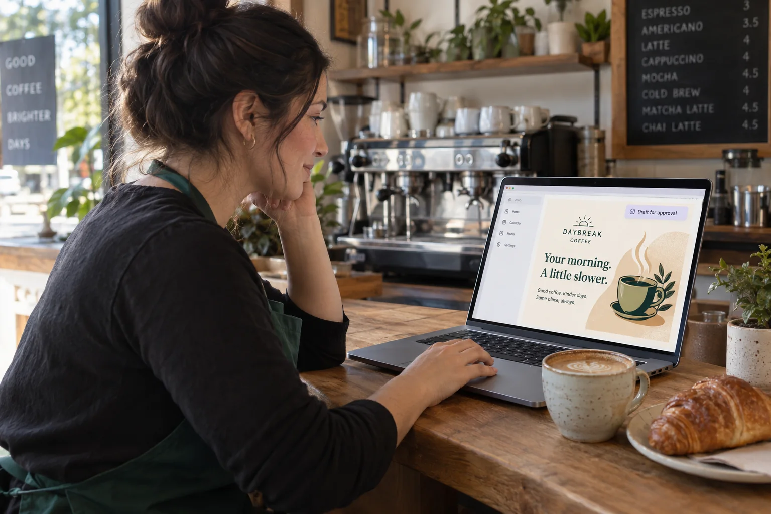 Illustrative scene: a café owner reviewing a draft social post