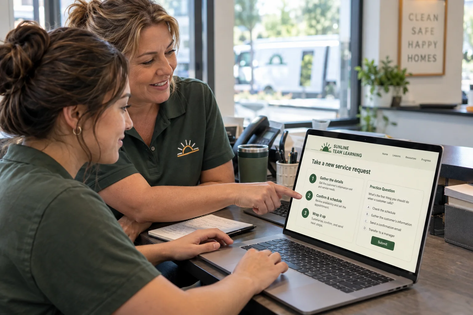 Illustrative scene: an employee and supervisor using a training lesson