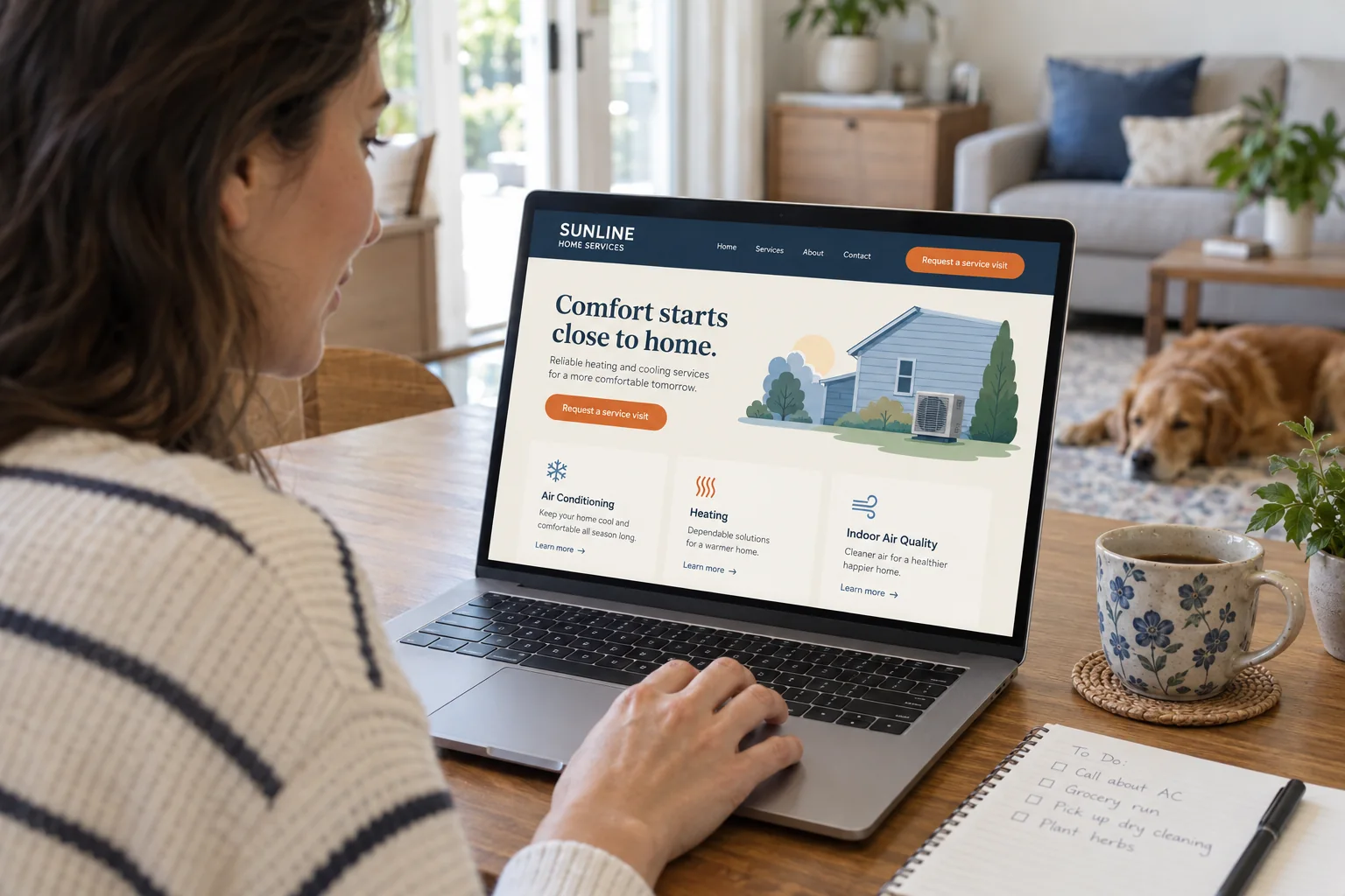 Illustrative scene: a homeowner using a home-service website