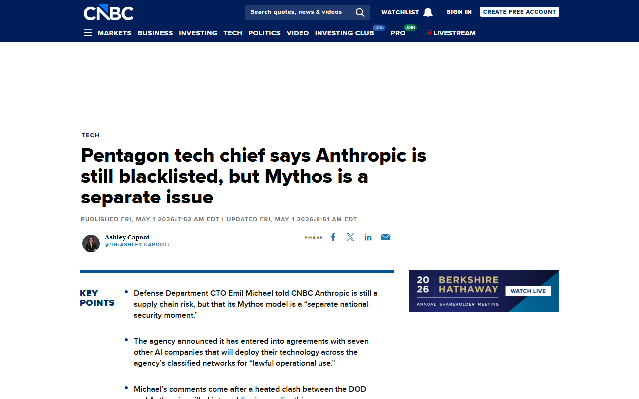 CNBC coverage of Pentagon CTO Emil Michael Anthropic Mythos split