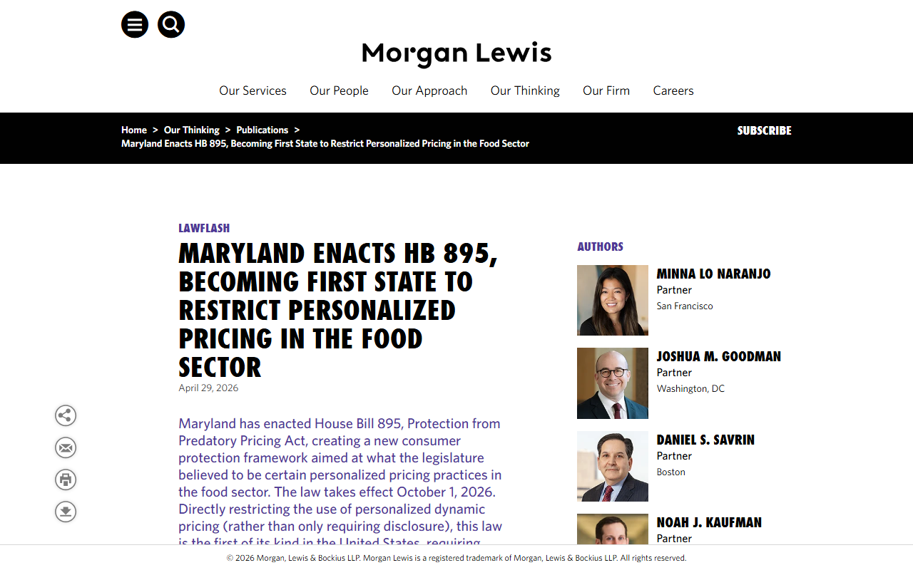 Morgan Lewis analysis of Maryland HB 895 surveillance pricing ban