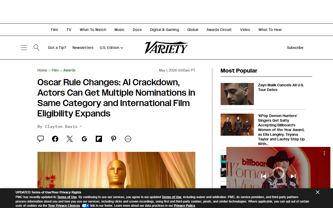 Variety coverage of Oscars 2027 rule changes on AI eligibility