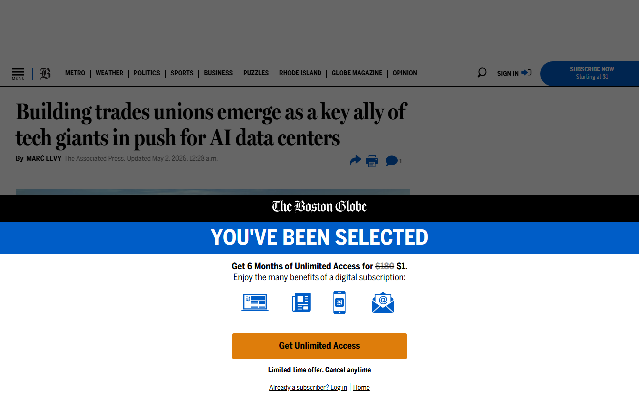 AP coverage of building trades unions and AI data center buildout