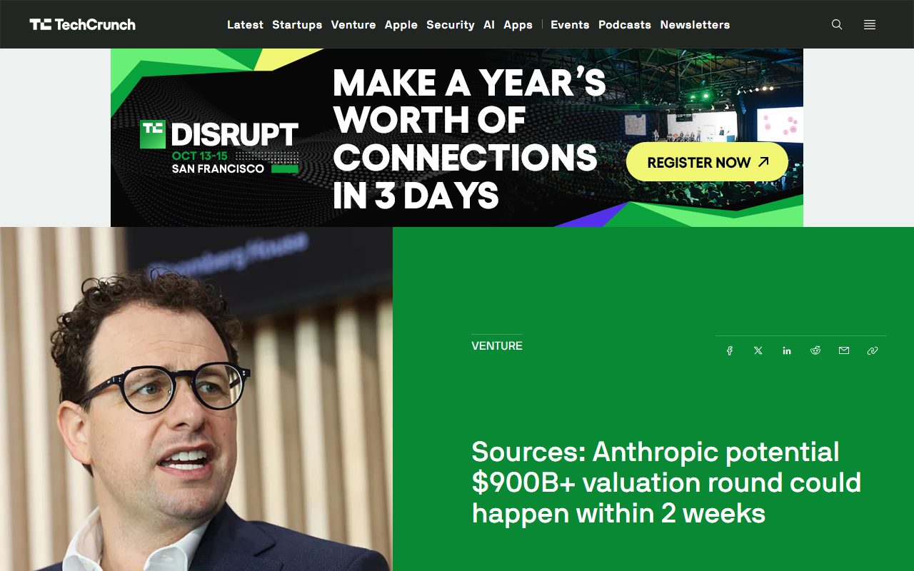 TechCrunch coverage of Anthropic potential 900B valuation