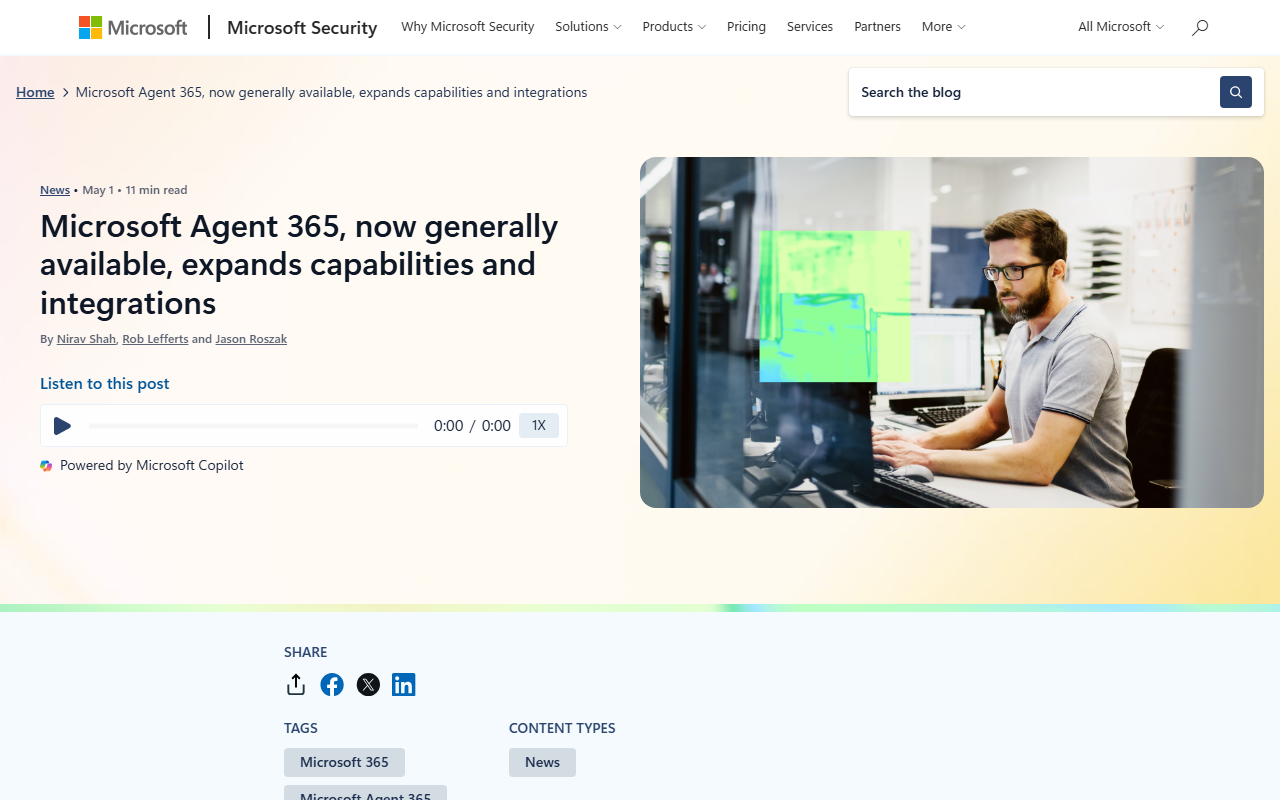 Microsoft Security Blog announcement of Agent 365 GA