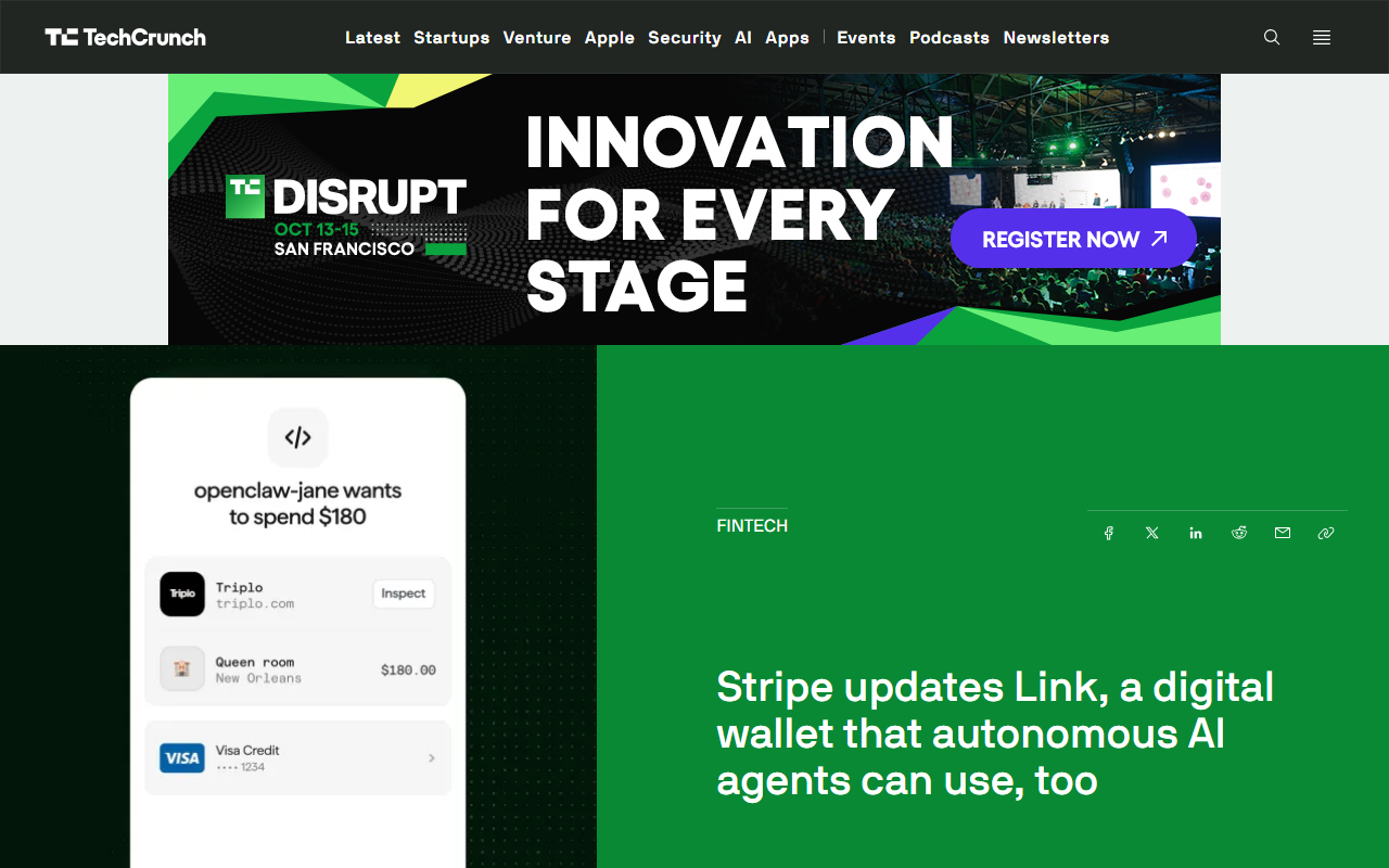 TechCrunch coverage of Stripe Link wallet that AI agents can use