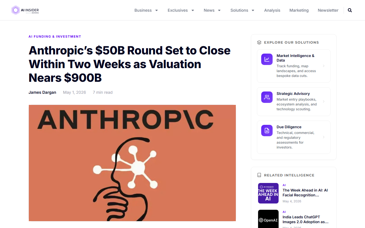 The AI Insider coverage of Anthropic 50B round closing within two weeks