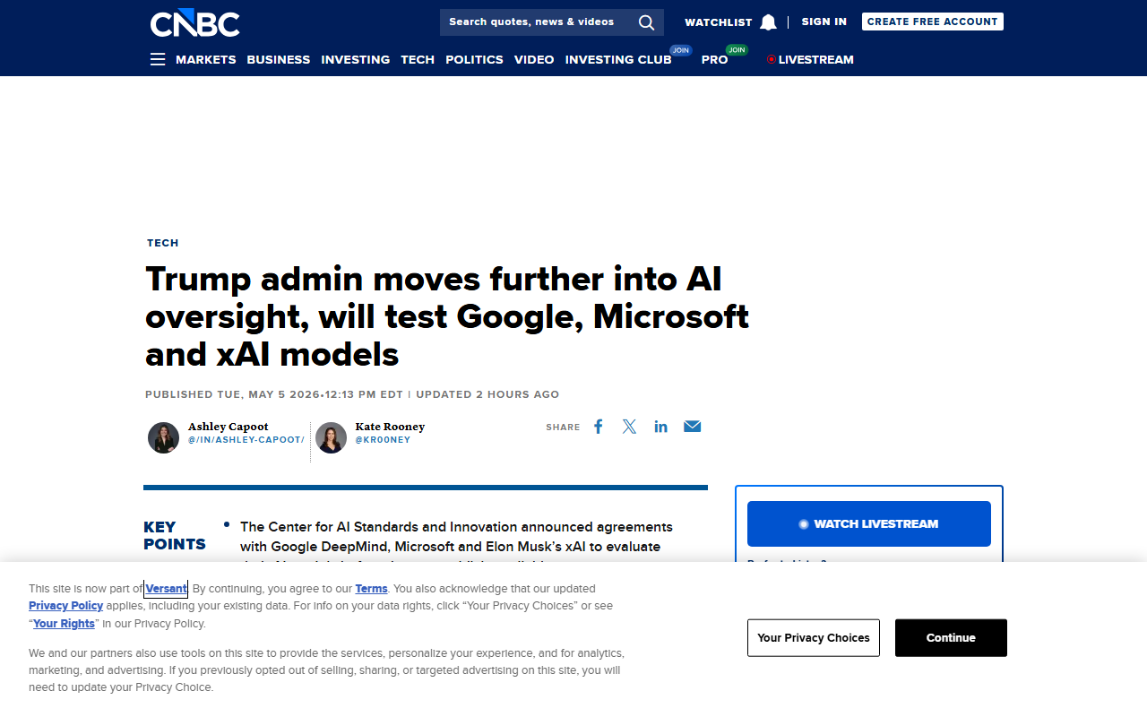 CNBC coverage of the Trump administration considering pre-release AI model evaluations