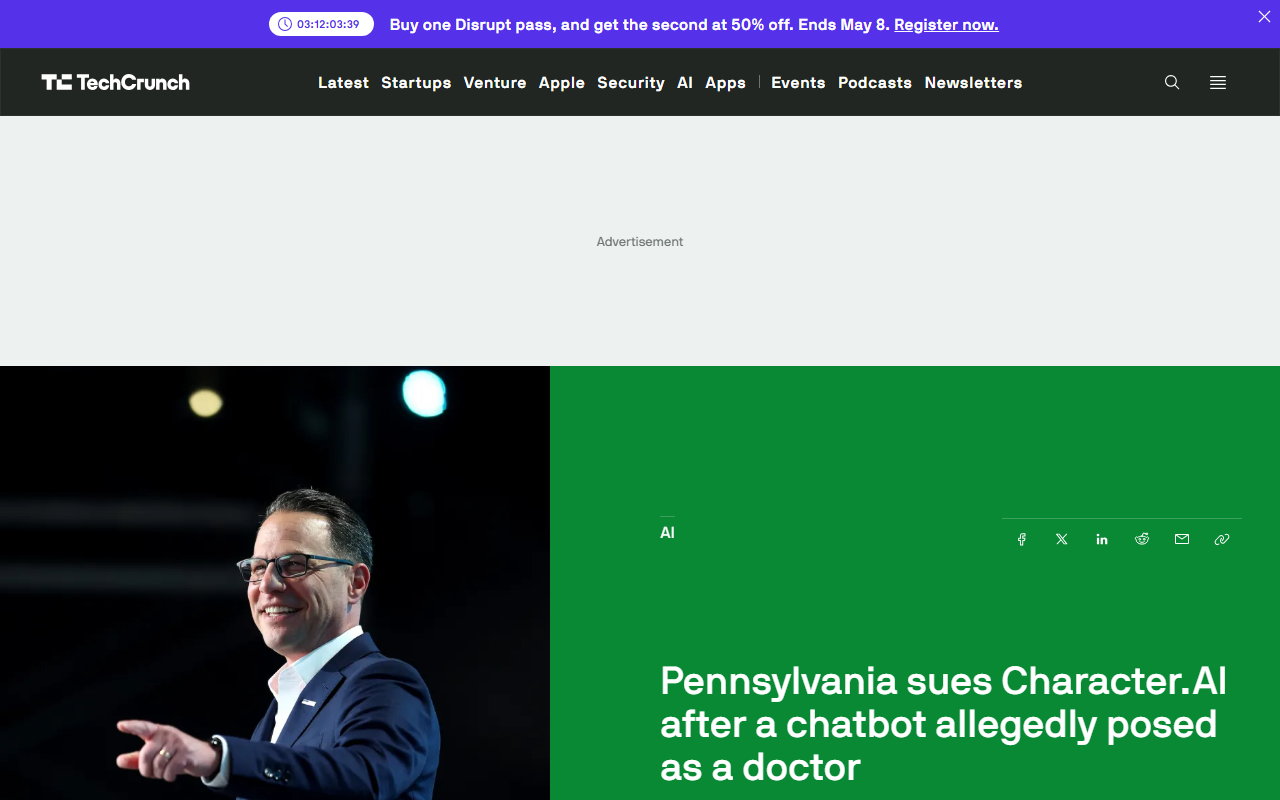 TechCrunch coverage of Pennsylvania suing Character.AI after a chatbot allegedly posed as a doctor