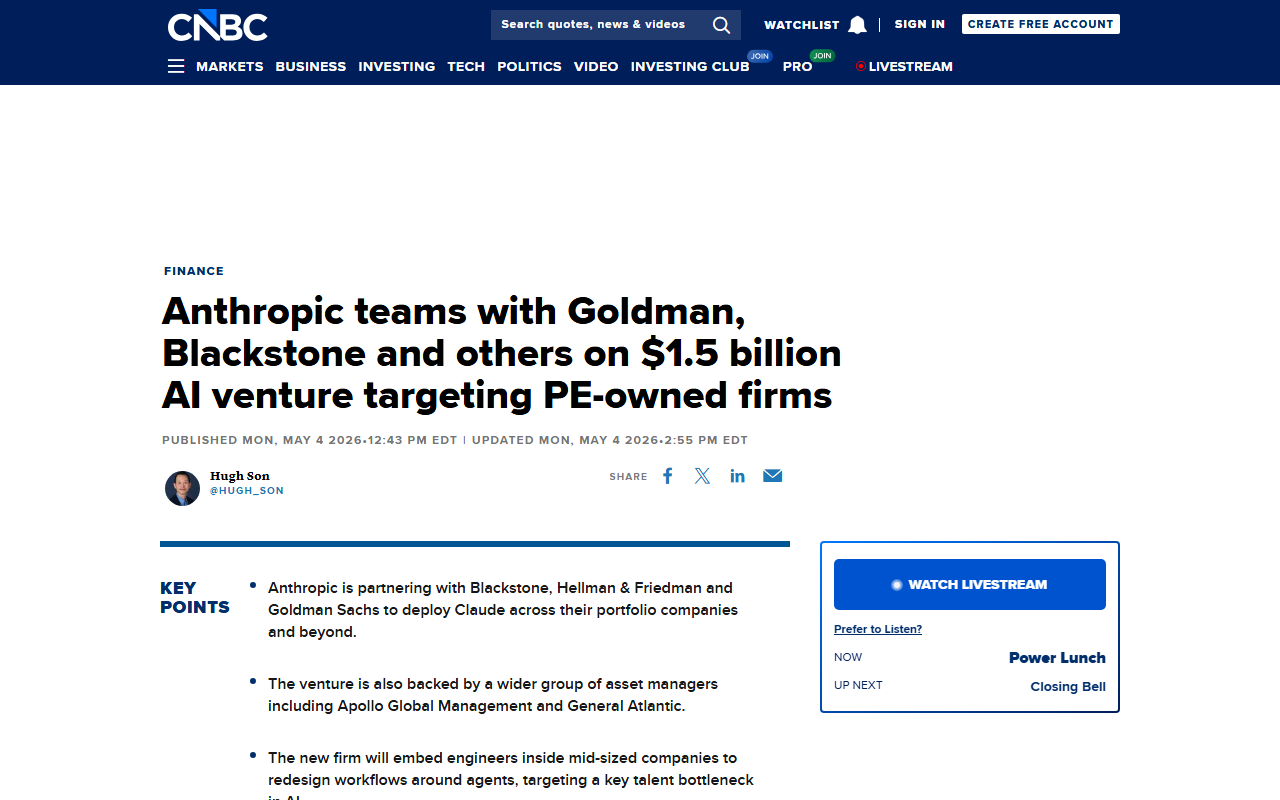 CNBC coverage of Anthropic 1.5B venture with Blackstone Goldman Hellman Friedman