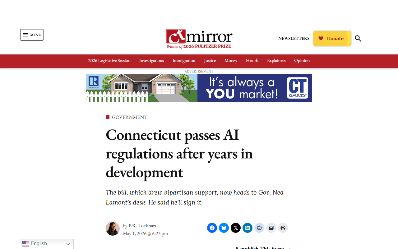 CT Mirror coverage of Connecticut SB 5 passing the House and going to Lamont