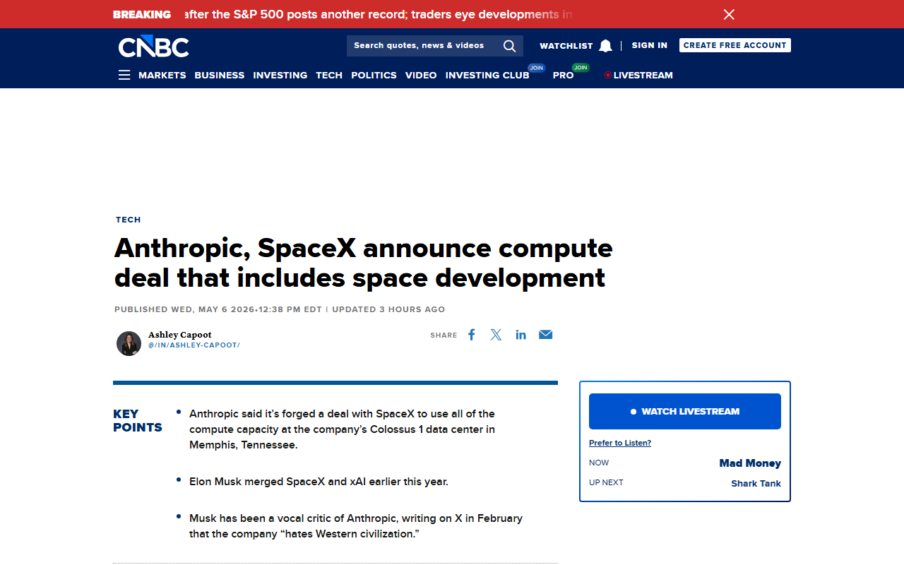 CNBC coverage of Anthropic Colossus 1 SpaceX compute partnership
