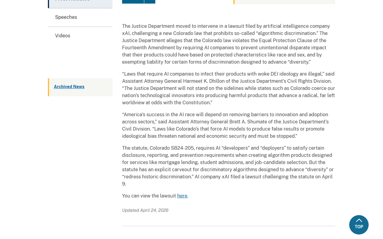 DOJ press release on intervention in xAI Colorado AI Act lawsuit