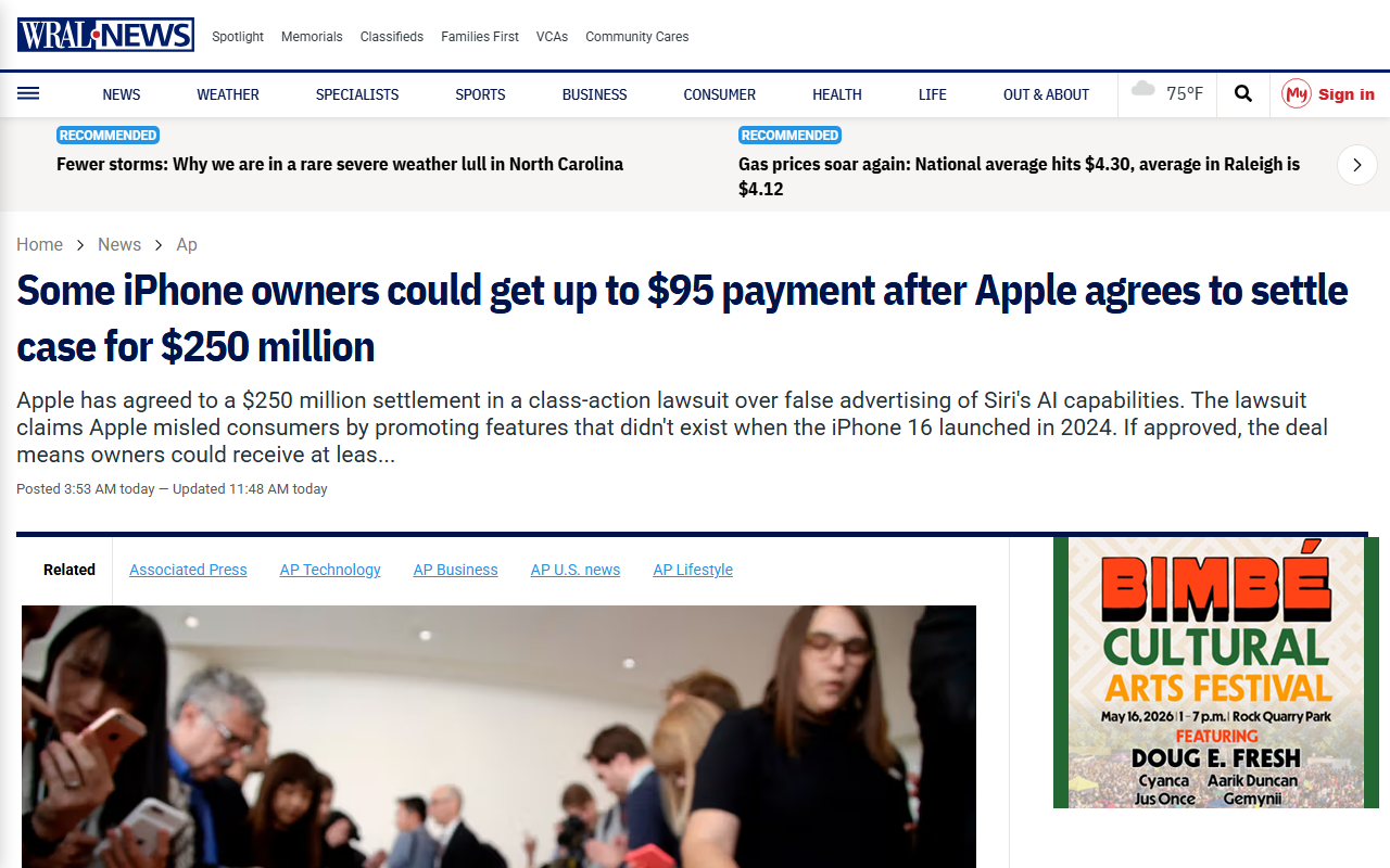 AP wire coverage of Apple $250M iPhone AI features class settlement