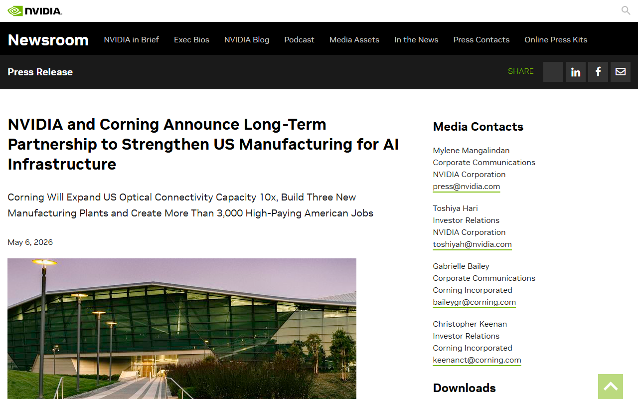 NVIDIA newsroom announcement of Corning partnership for US AI manufacturing
