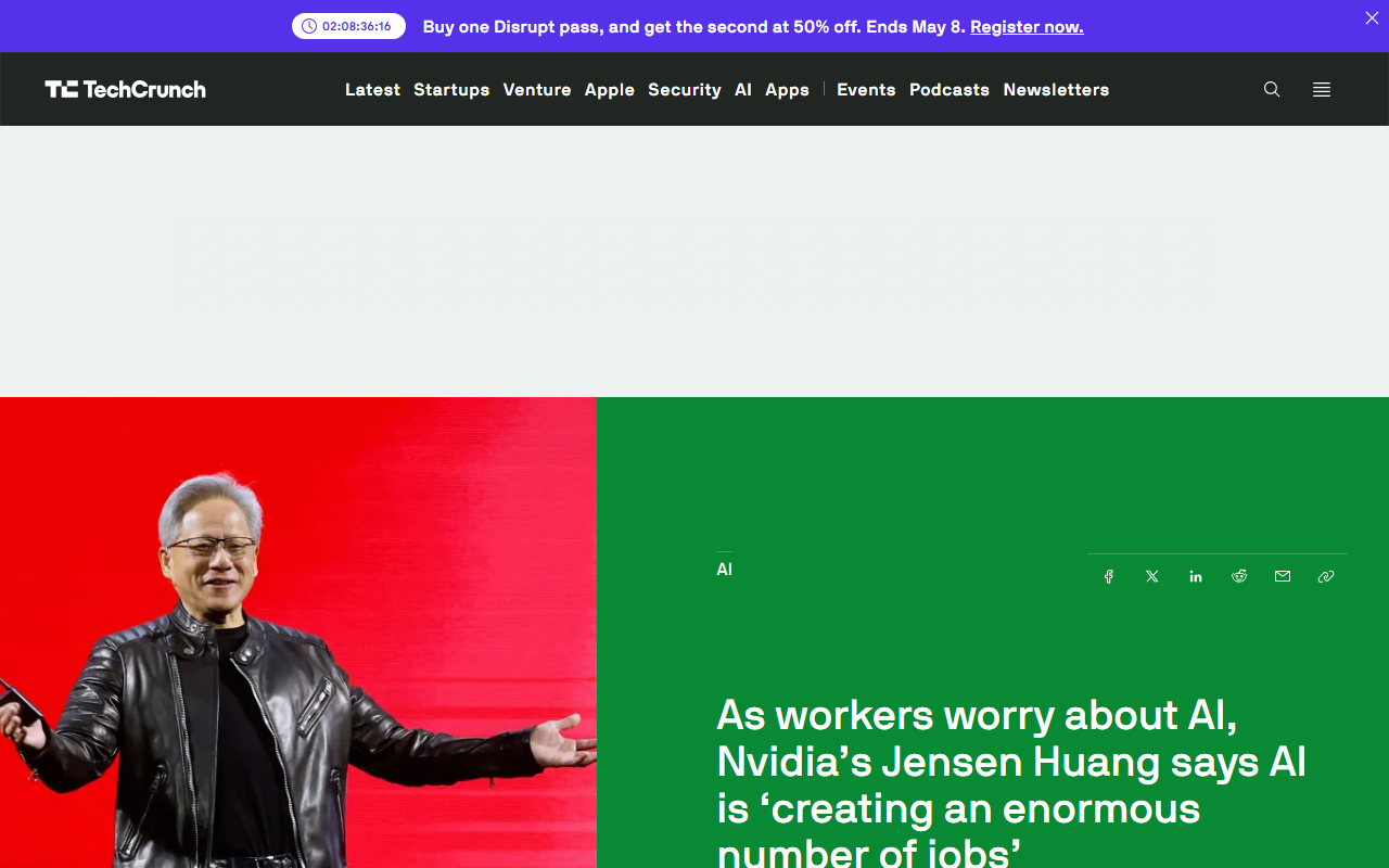 TechCrunch coverage of Jensen Huang Milken comment that AI is creating enormous jobs