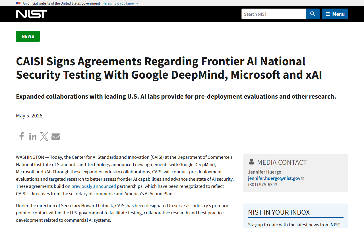 NIST press release on CAISI national security testing agreements with Google DeepMind, Microsoft, and xAI
