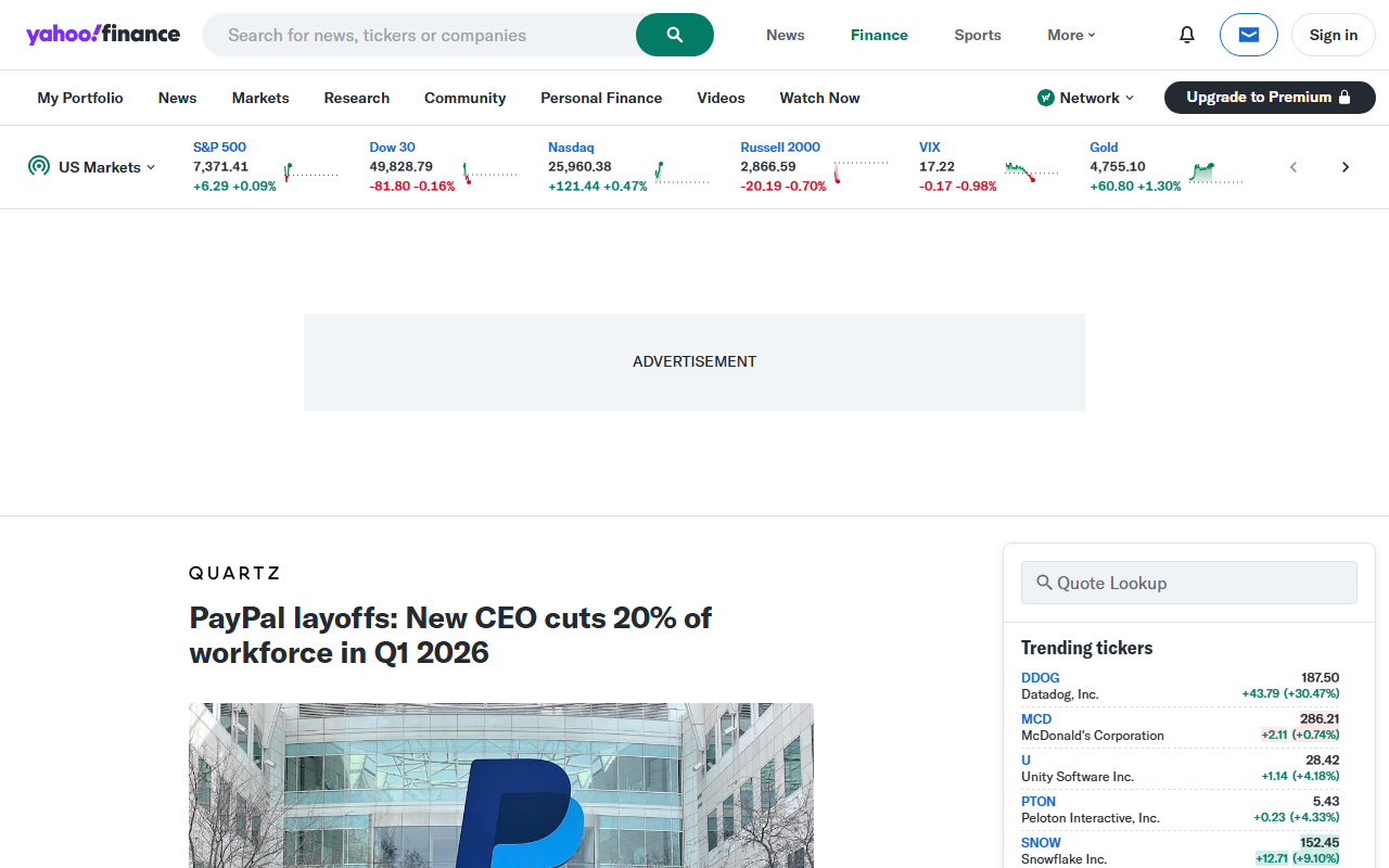 Yahoo Finance coverage of PayPal 20 percent layoff under new CEO Enrique Lores