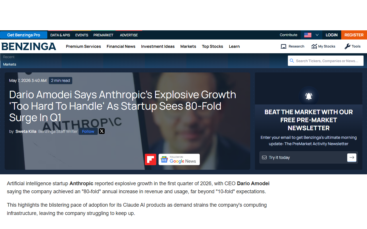 Benzinga coverage of Dario Amodei calling Anthropic Q1 growth too hard to handle
