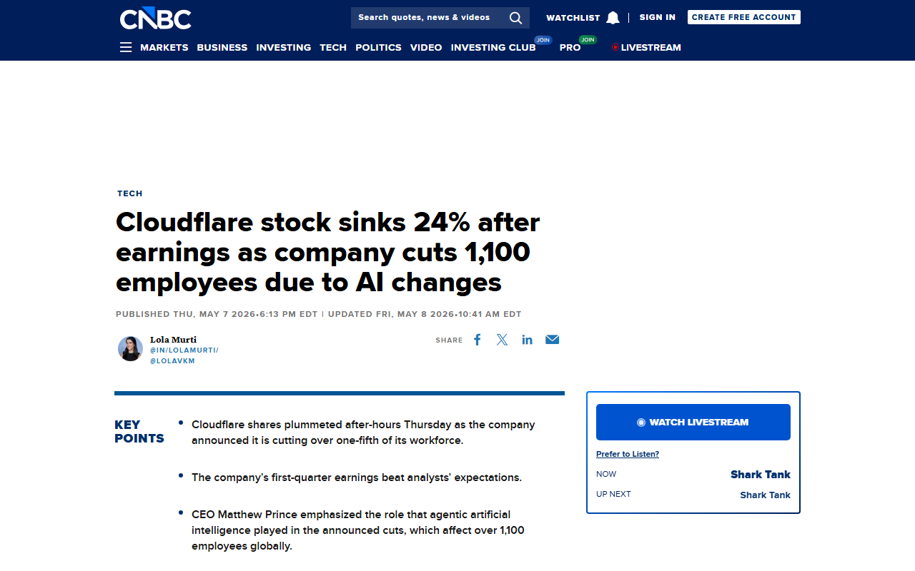 CNBC coverage of Cloudflare's 1,100-job cut and Q1 2026 earnings