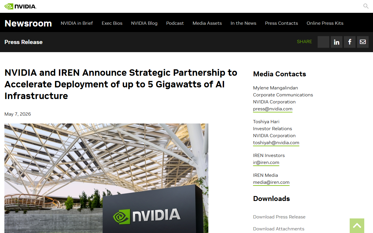 NVIDIA newsroom announcement of the IREN strategic partnership and Sweetwater campus