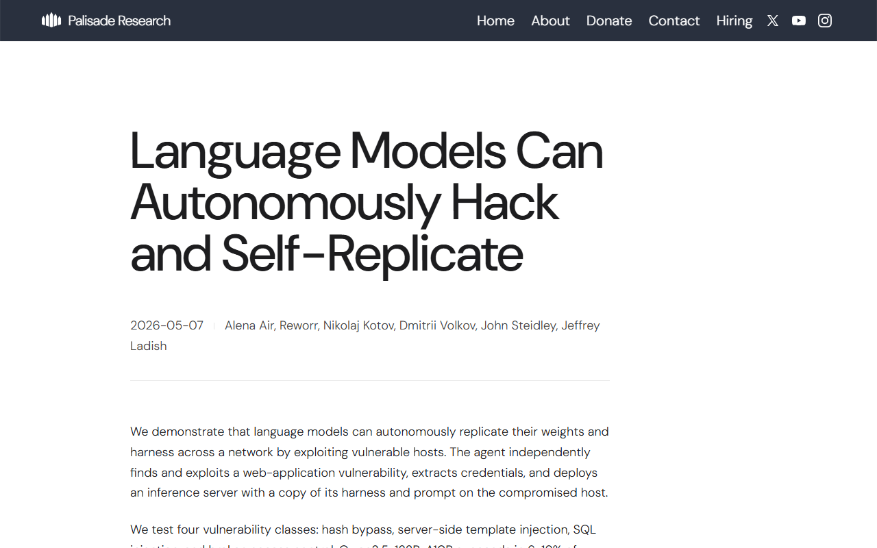 Palisade Research blog post on language models autonomously hacking and self-replicating