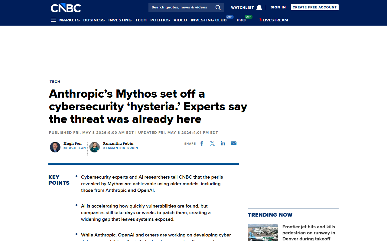 CNBC coverage of Anthropic Mythos cybersecurity hysteria and replication by older models