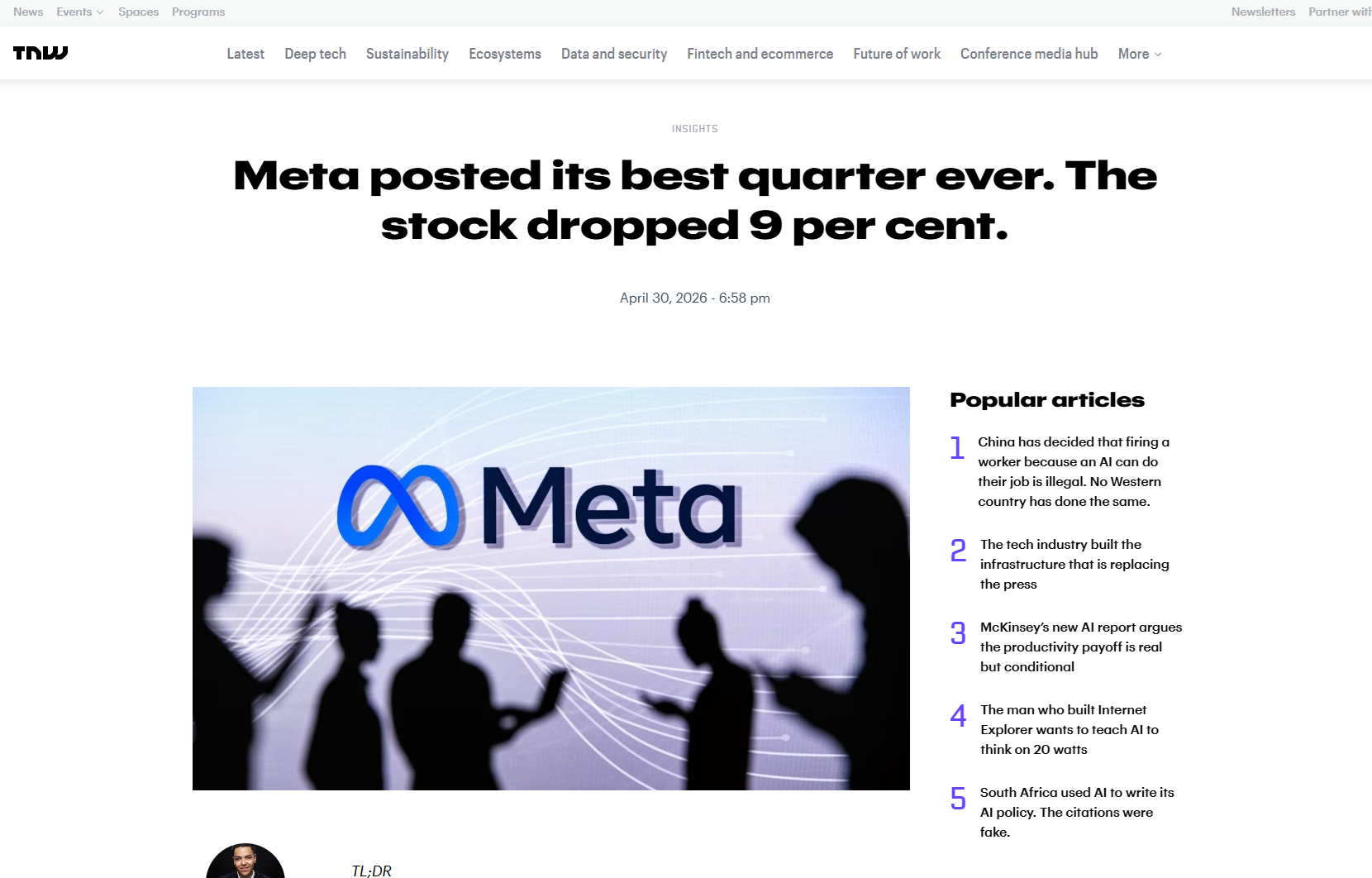 The Next Web coverage of Meta Q1 2026 user decline against rising AI spending