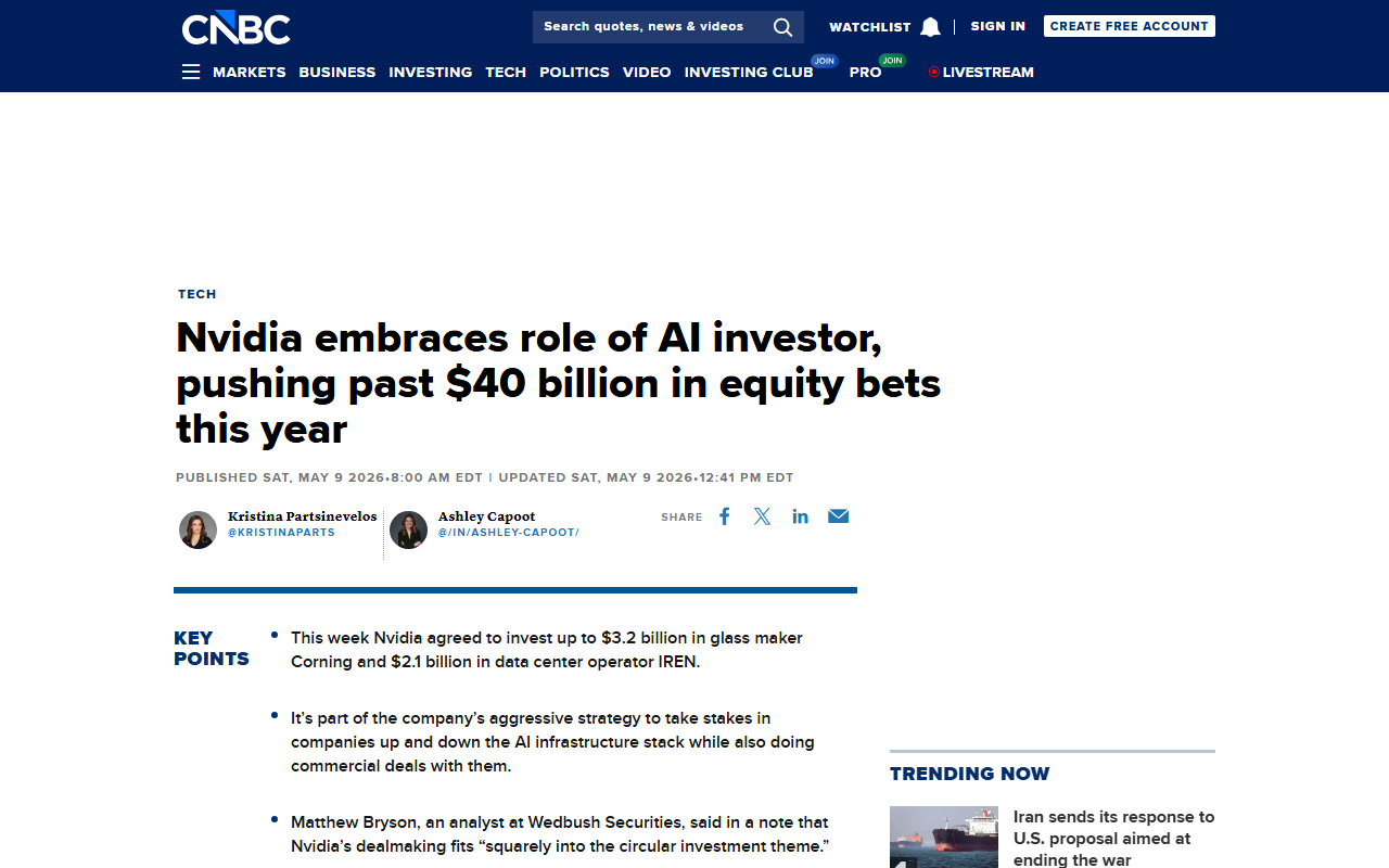 CNBC coverage of NVIDIA $40B AI equity portfolio in 2026