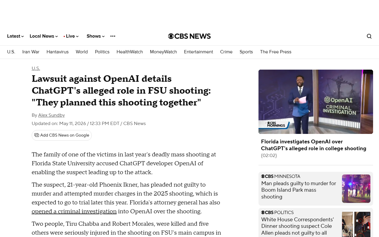 CBS News coverage of the federal wrongful-death suit against OpenAI filed by the widow of an FSU shooting victim