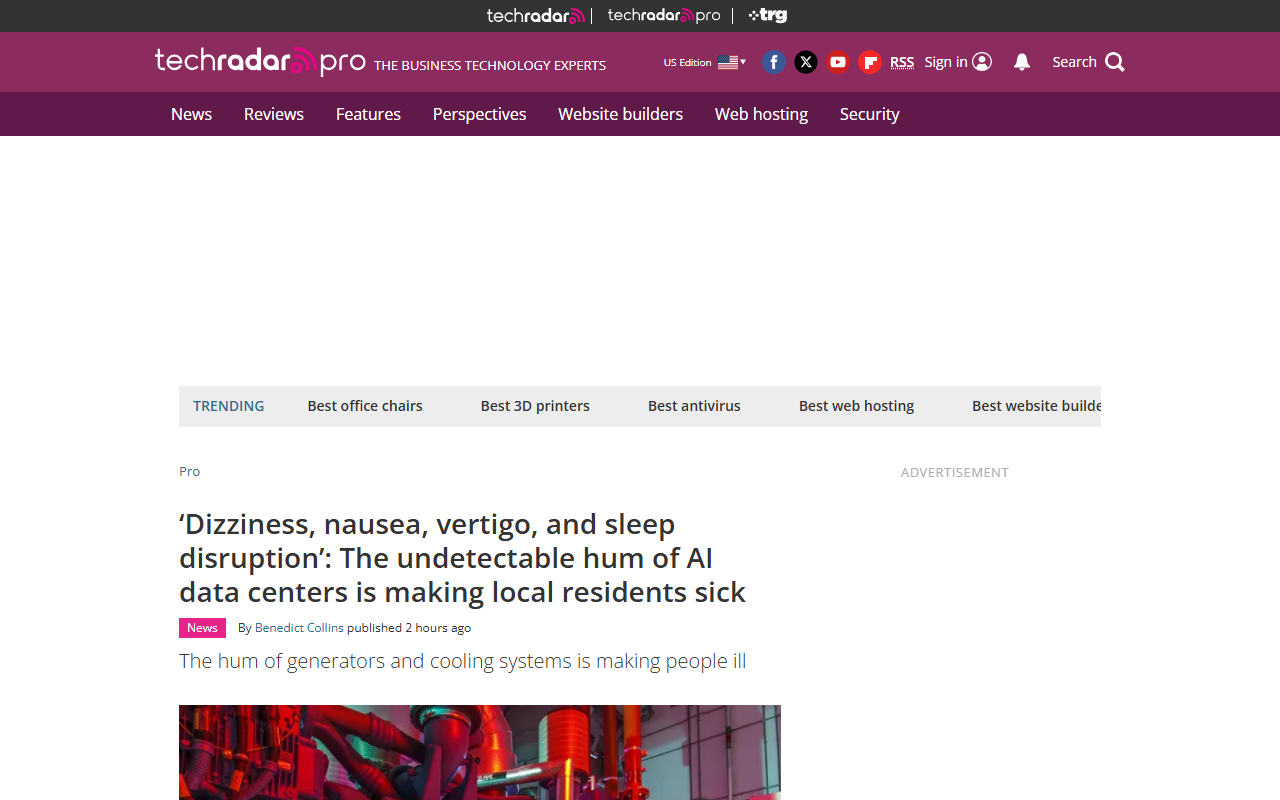 TechRadar coverage of AI data center infrasound and resident health complaints