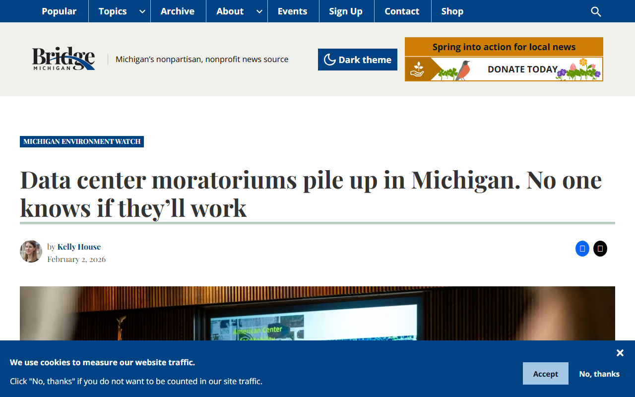 Bridge Michigan coverage of Michigan towns pausing data centers post-Saline