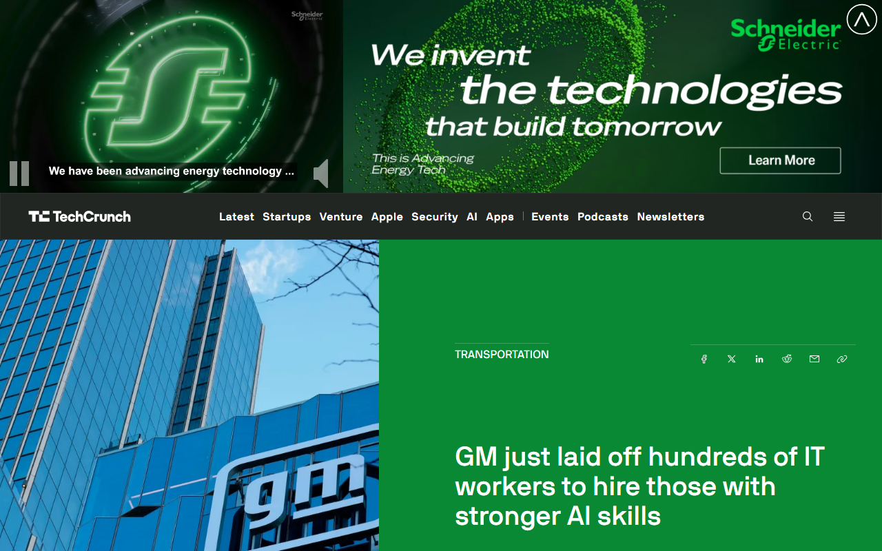 TechCrunch coverage of GM laying off hundreds of IT workers to hire staff with AI skills