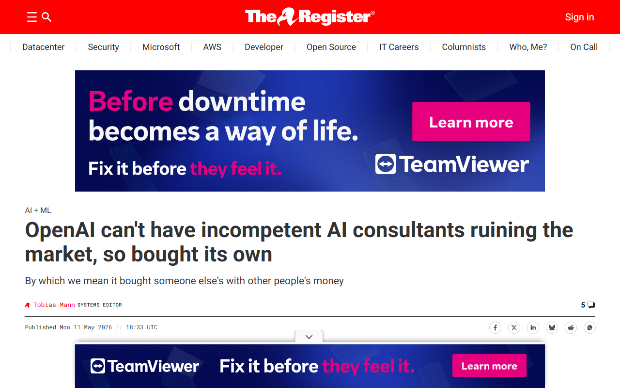 The Register coverage of OpenAI launching The Deployment Company and acquiring AI consultancy Tomoro