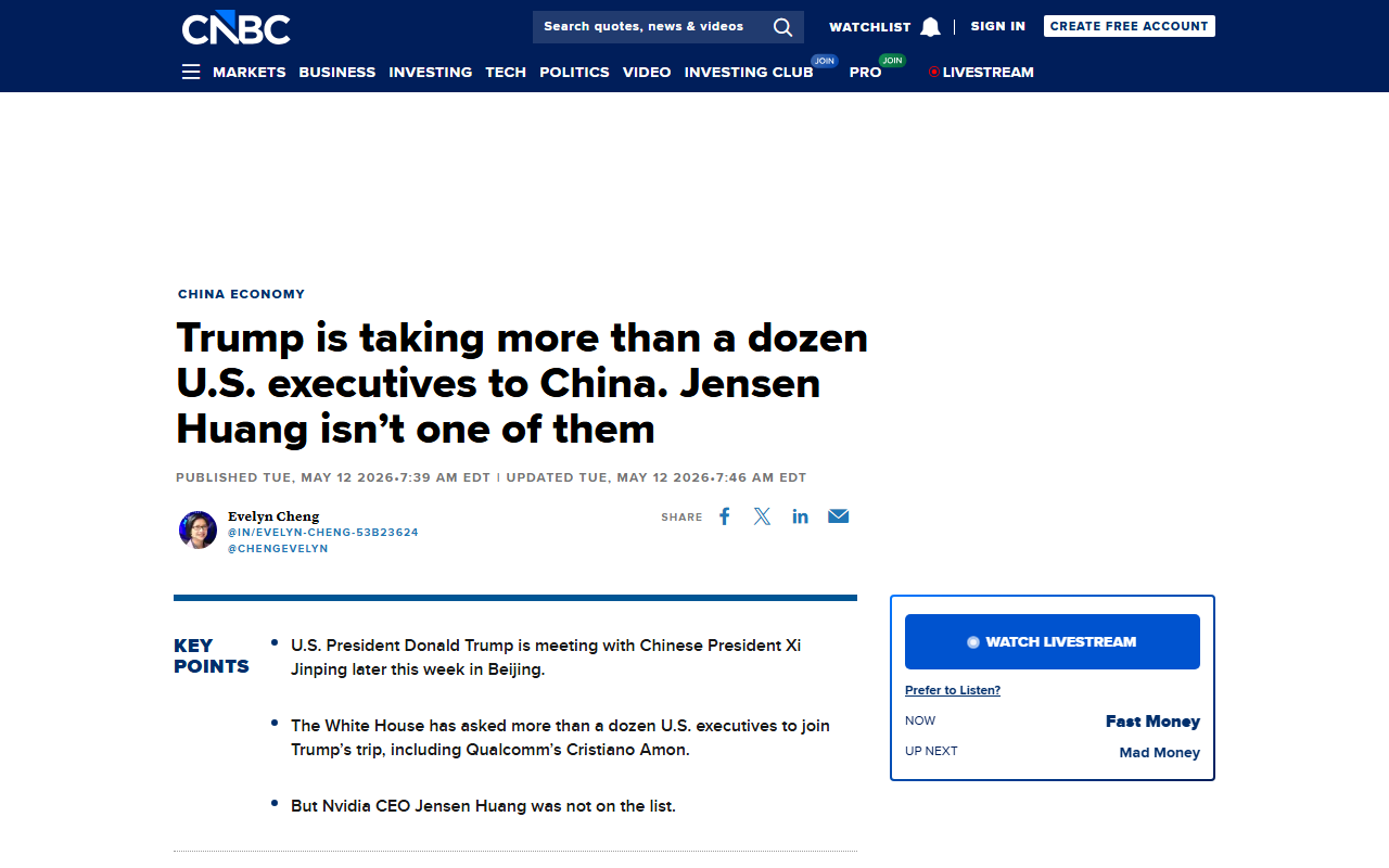 CNBC coverage of Nvidia CEO Jensen Huang not joining Trump's CEO delegation to Beijing