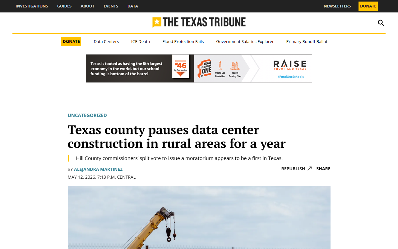 Texas Tribune coverage of Hill County passing a data center construction moratorium