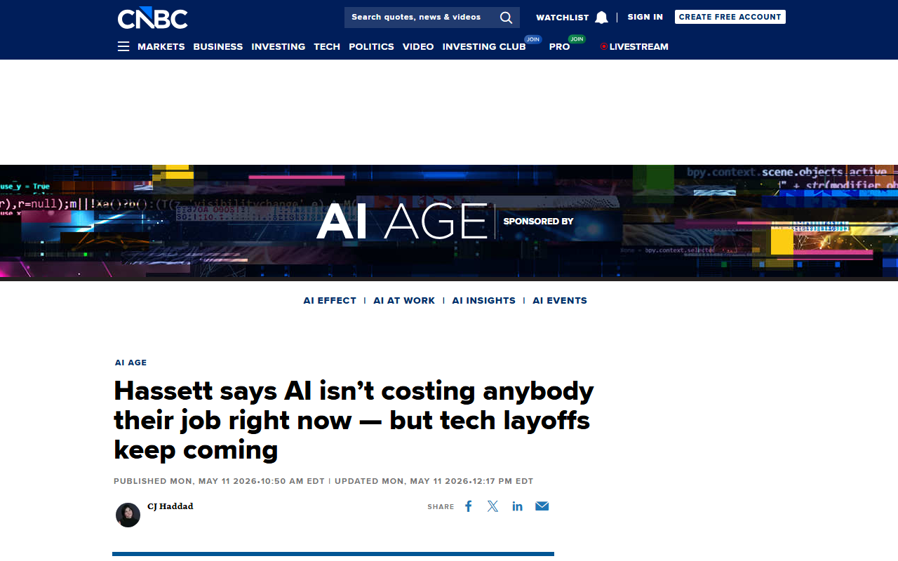 CNBC coverage of Kevin Hassett saying there is no sign AI is costing people their jobs