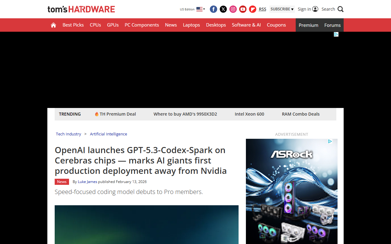 Tom's Hardware coverage of OpenAI launching GPT-5.3-Codex-Spark on Cerebras chips