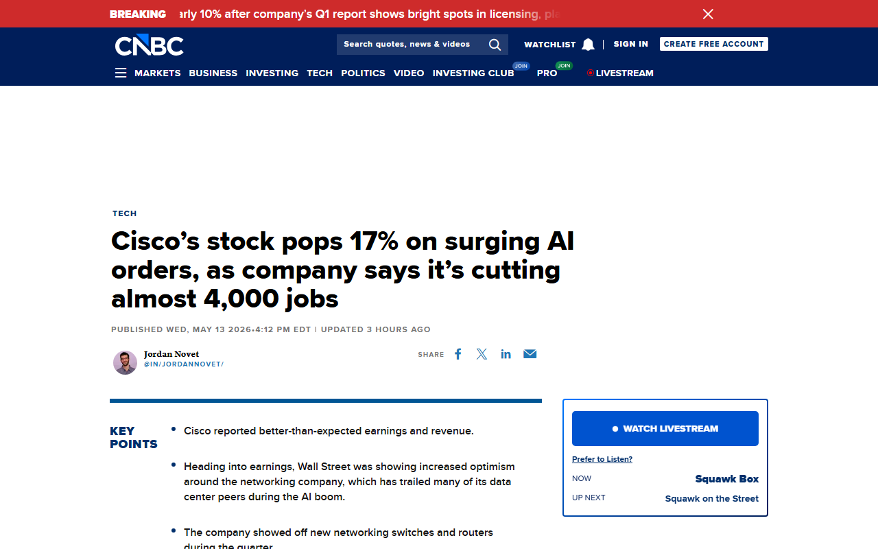 CNBC coverage of Cisco Q3 earnings and 4,000 layoff announcement